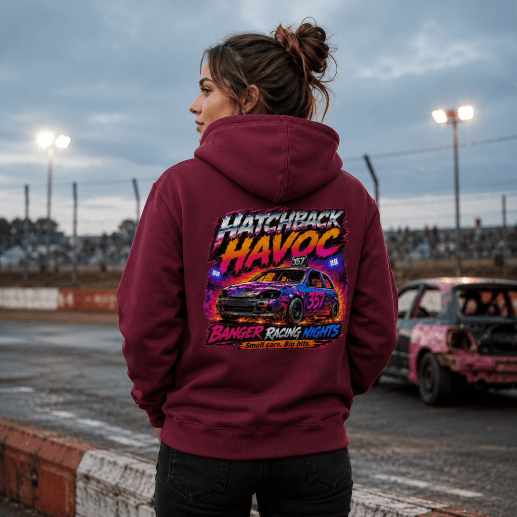Model wearing Camberline Maroon hoodie showing Hatchback Havoc Neon Banger Nights British oval racing back graphic