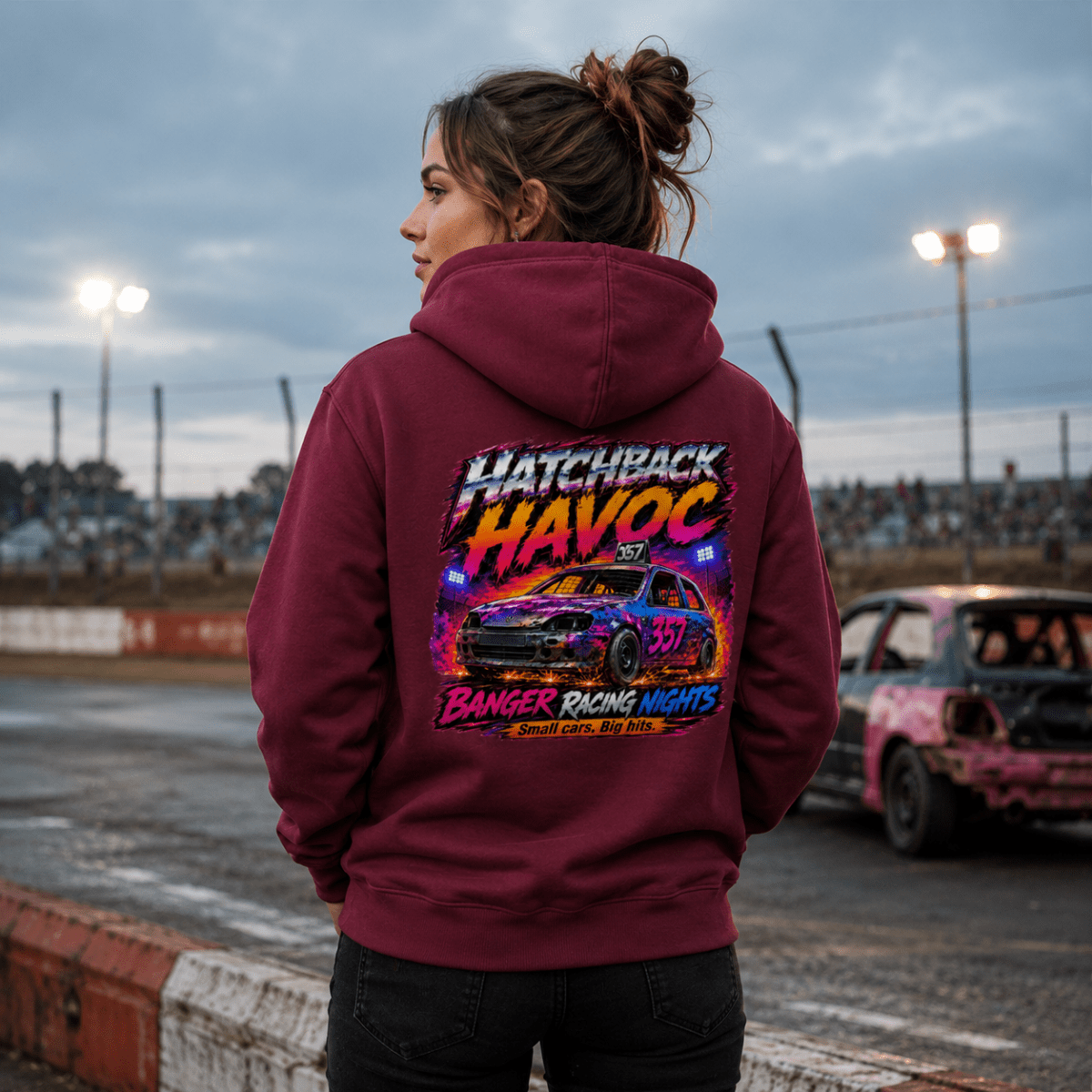 Model wearing Camberline Maroon hoodie showing Hatchback Havoc Neon Banger Nights British oval racing back graphic