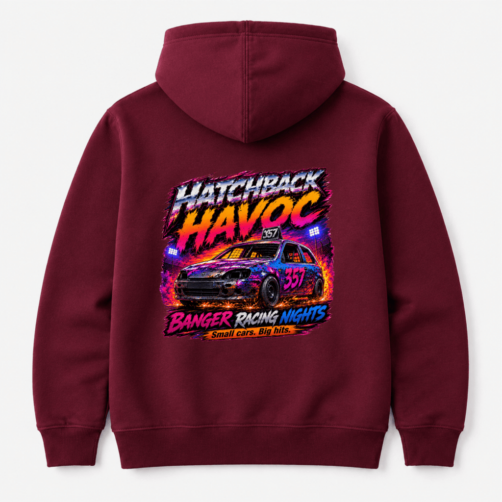 Camberline Hatchback Havoc Neon Banger Nights Maroon hoodie, back graphic for British oval racing fans