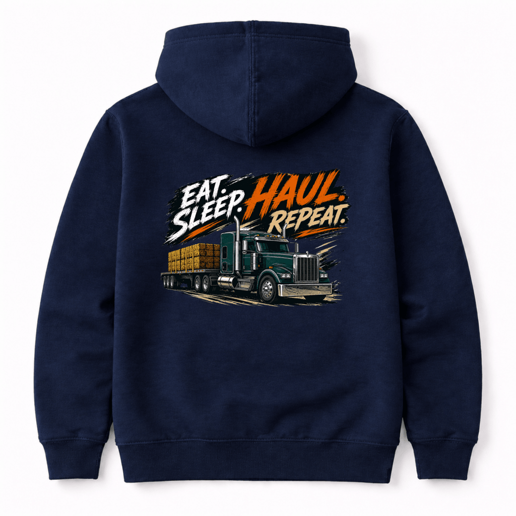 Navy blue hoodie with a truck graphic and text on the back against a white background