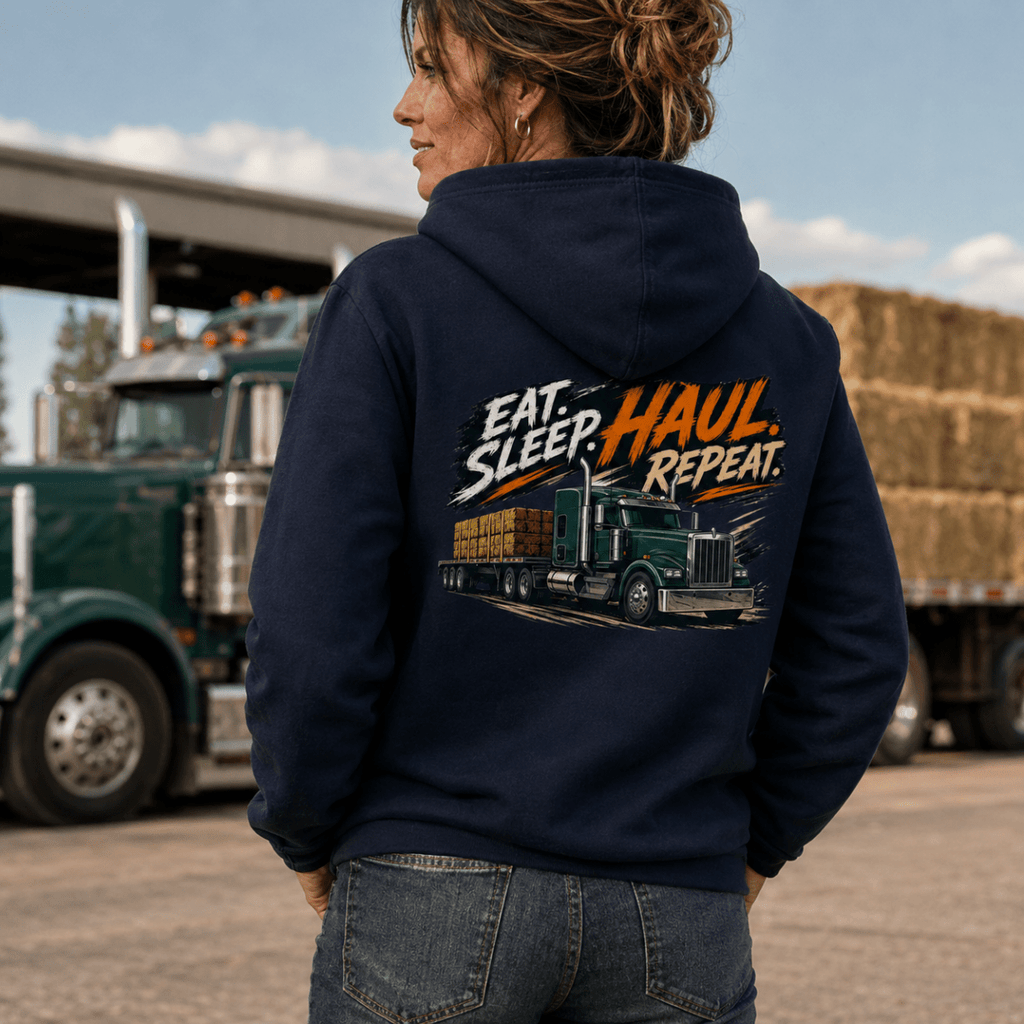 Person wearing a hoodie with 'Eat. Sleep. Haul. Repeat.' text and truck graphic, standing in front of a truck.