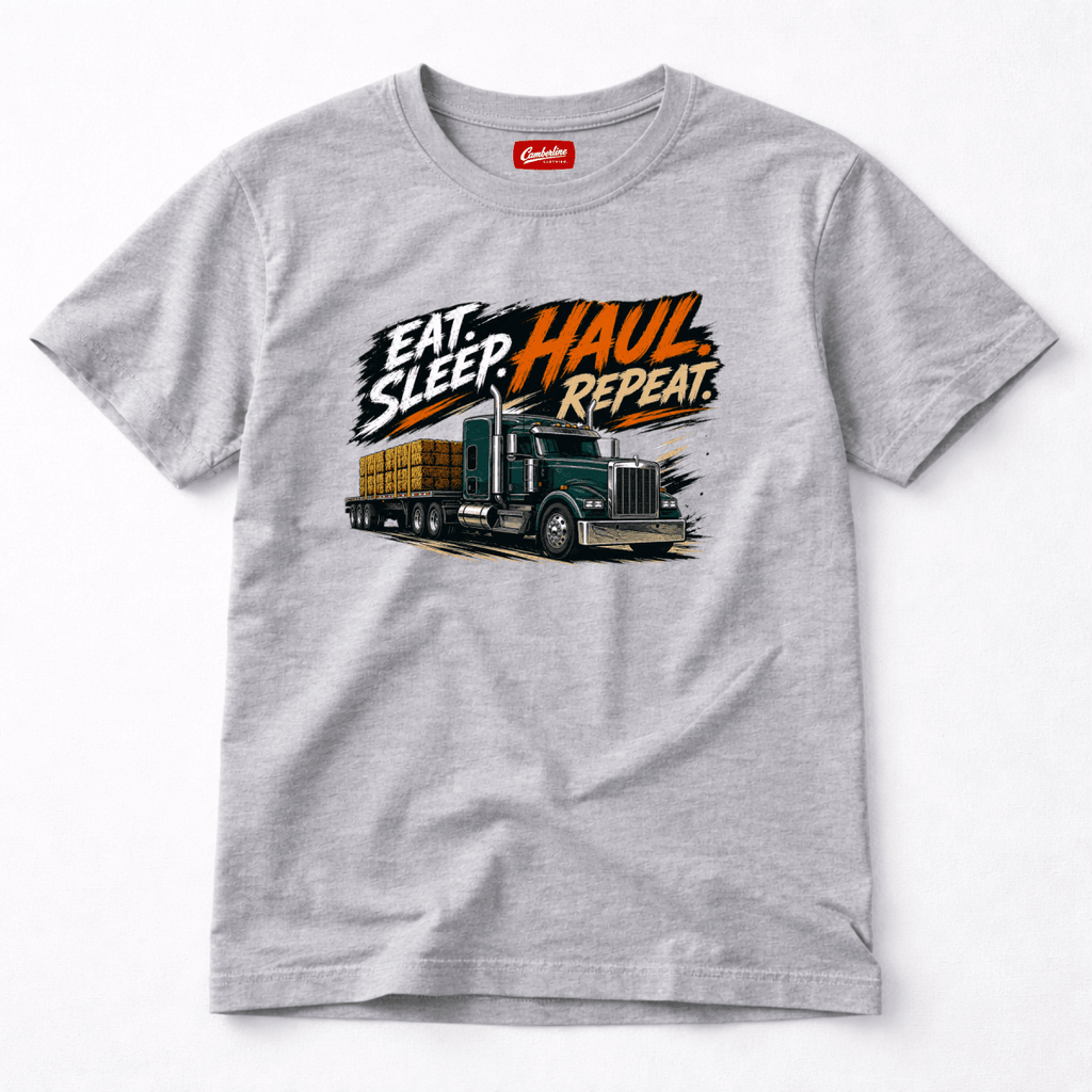 Gray t-shirt with a truck graphic and 'Eat Sleep Haul Repeat' text on a white background