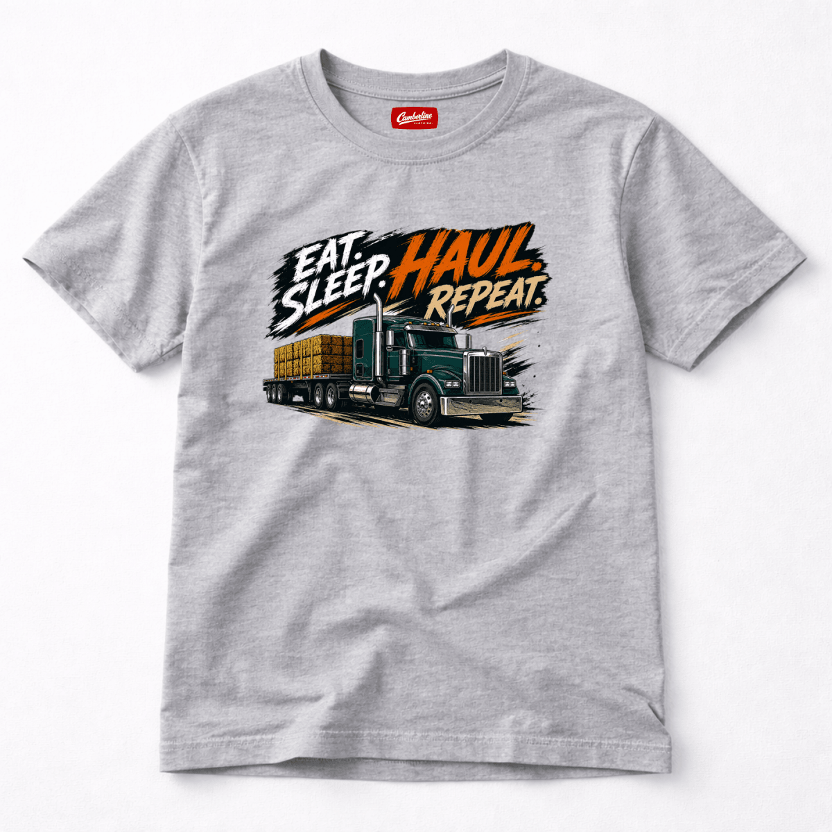 Gray t-shirt with a truck graphic and 'Eat Sleep Haul Repeat' text on a white background