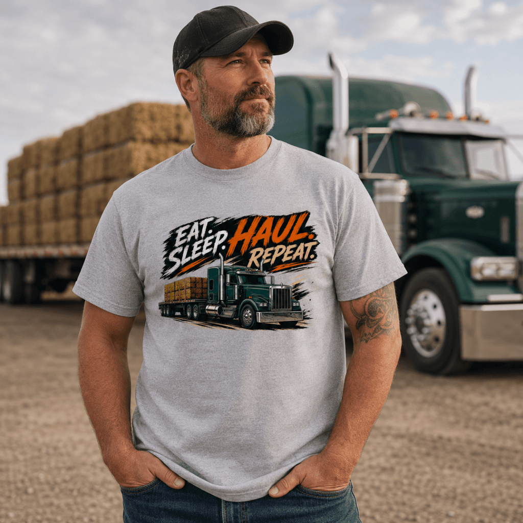 Man wearing a t-shirt with a truck graphic and text, standing in front of a truck and hay bales.