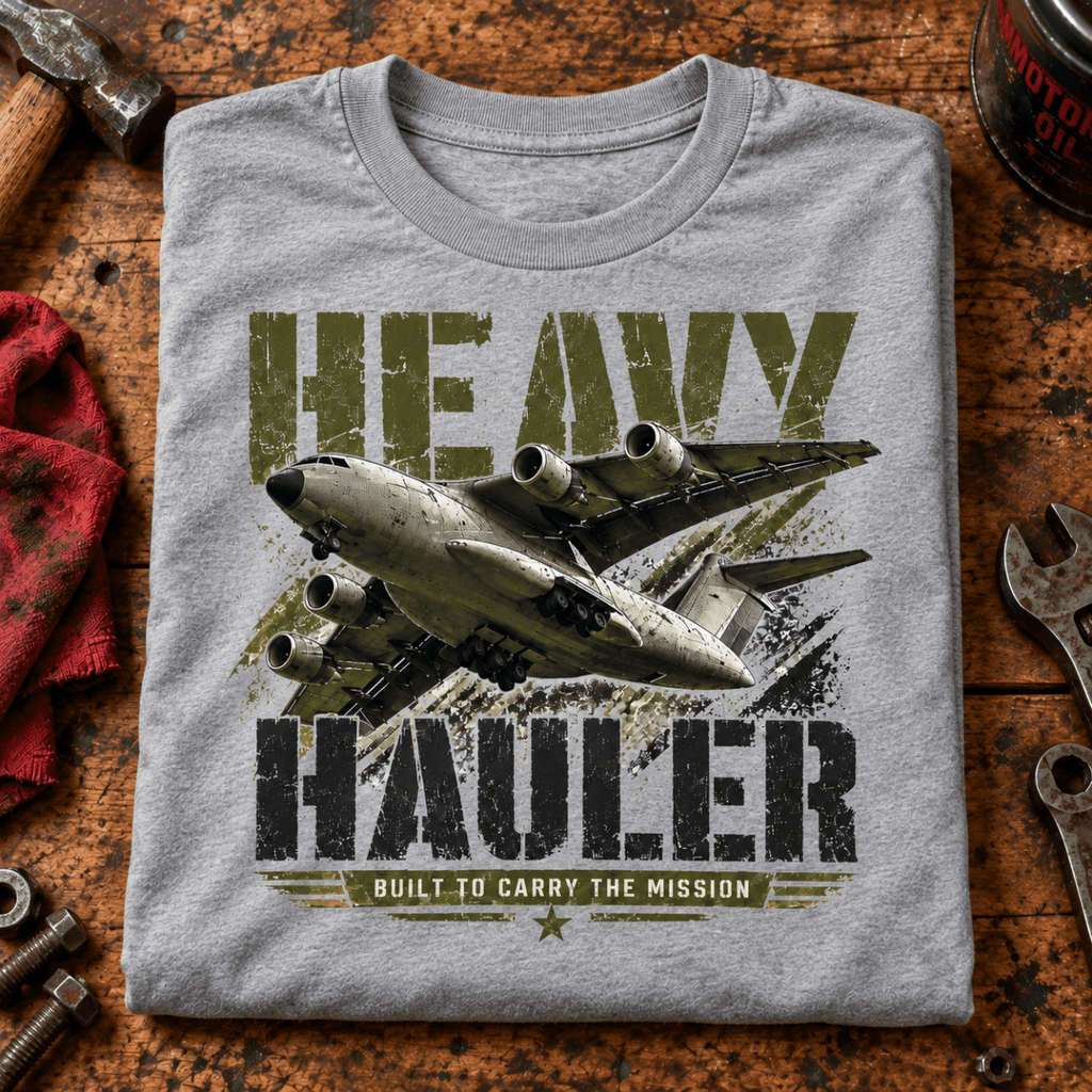 Heavy Hauler Transport Aircraft t-shirt in Sport Grey (Heather Grey), folded on a workshop bench, showing the front print