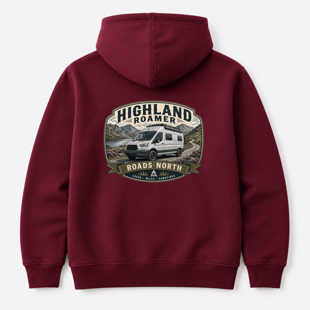 Camberline Highland Roamer Roads North high-roof van and Scottish loch badge, burgundy hoodie, back view