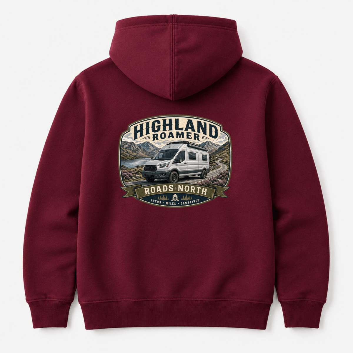 Camberline Highland Roamer Roads North high-roof van and Scottish loch badge, burgundy hoodie, back view