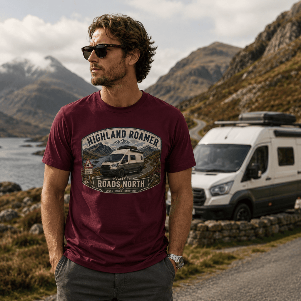 Model wearing Camberline burgundy van life t-shirt showing Highland Roamer Roads North high-roof van and Scottish loch badge on chest