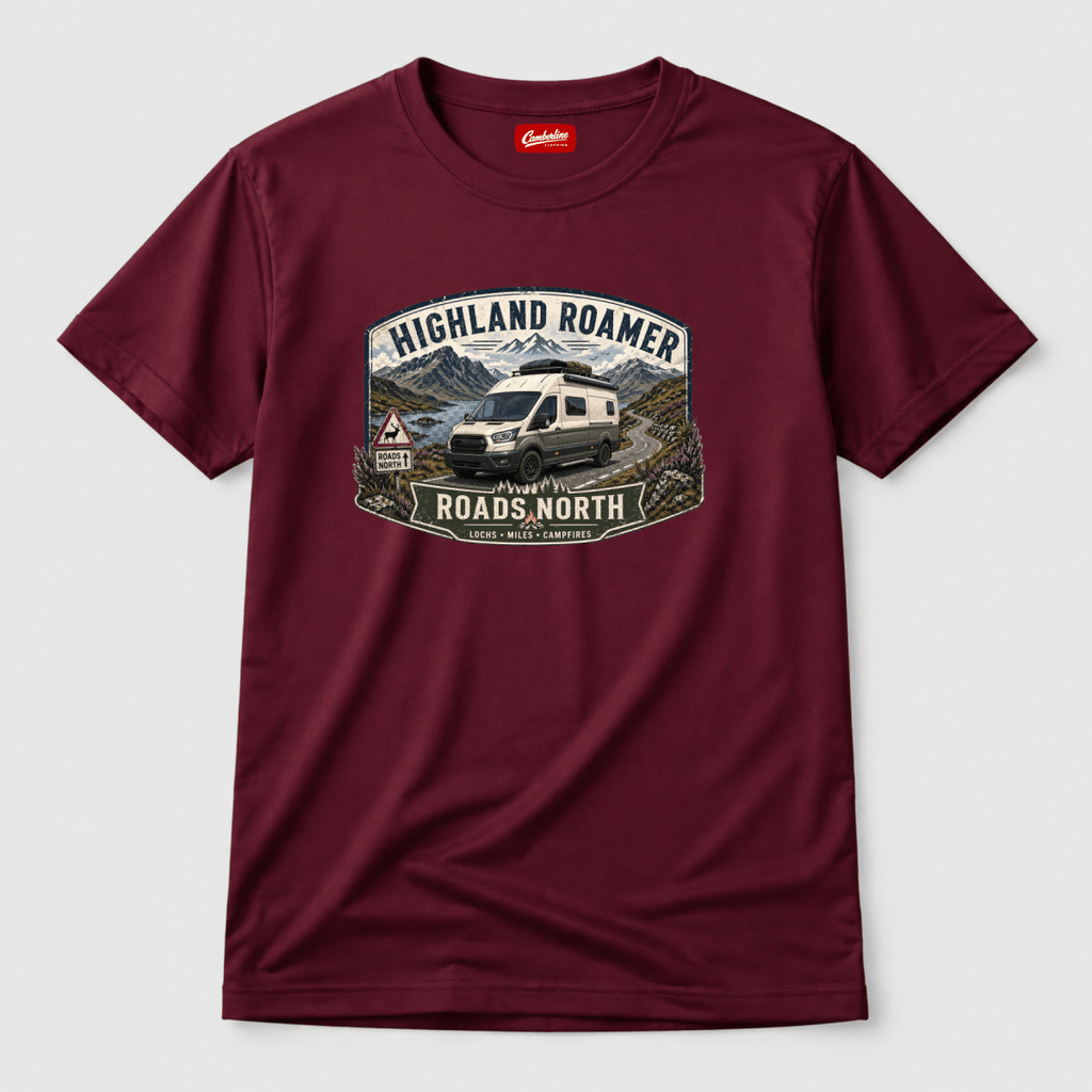 Camberline Highland Roamer Roads North high-roof van and Scottish loch badge, burgundy t-shirt, front view
