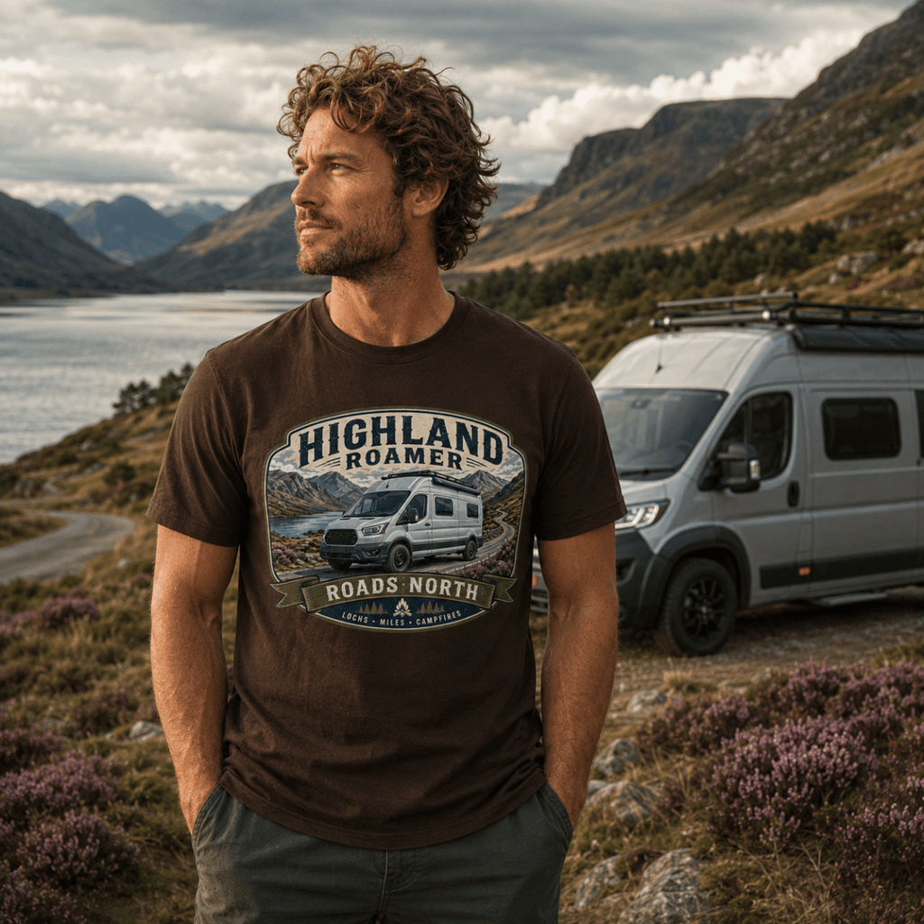 Model wearing Camberline chocolate brown van life t-shirt showing Highland Roamer Roads North white high-roof van and Scottish loch badge on chest