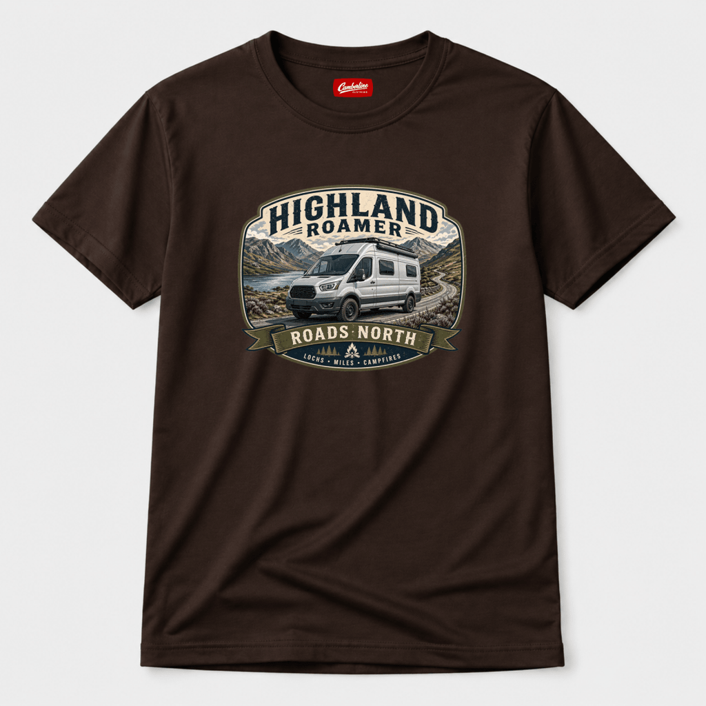 Camberline Highland Roamer Roads North white high-roof van and Scottish loch badge, chocolate brown t-shirt, front view