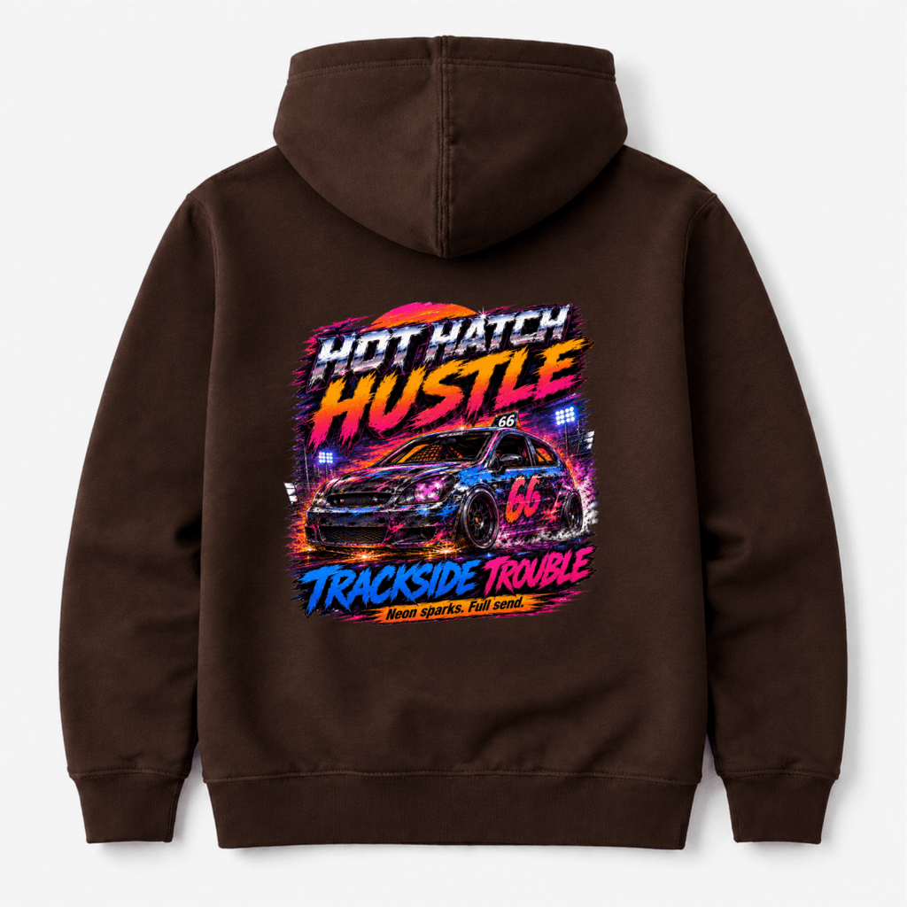Camberline Hot Hatch Hustle Trackside Trouble Chocolate Brown hoodie, back graphic for British oval racing fans