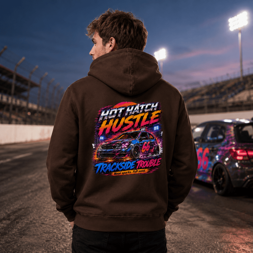 Model wearing Camberline Chocolate Brown hoodie showing Hot Hatch Hustle Trackside Trouble British oval racing back graphic