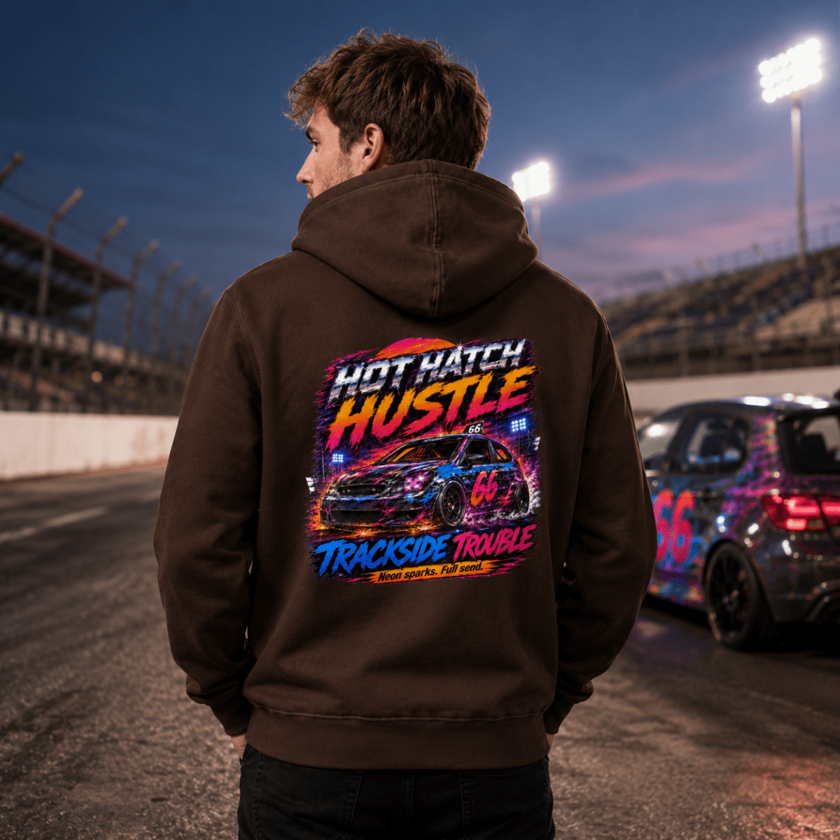 Model wearing Camberline Chocolate Brown hoodie showing Hot Hatch Hustle Trackside Trouble British oval racing back graphic