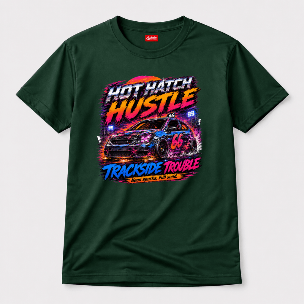 Camberline Hot Hatch Hustle Trackside Trouble Forest Green t-shirt, front graphic for British oval racing fans