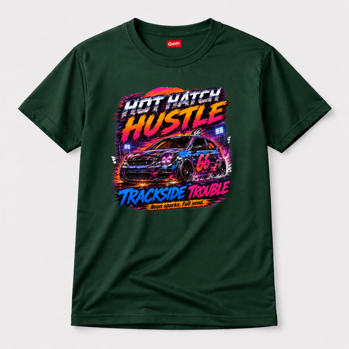 Camberline Hot Hatch Hustle Trackside Trouble Forest Green t-shirt, front graphic for British oval racing fans