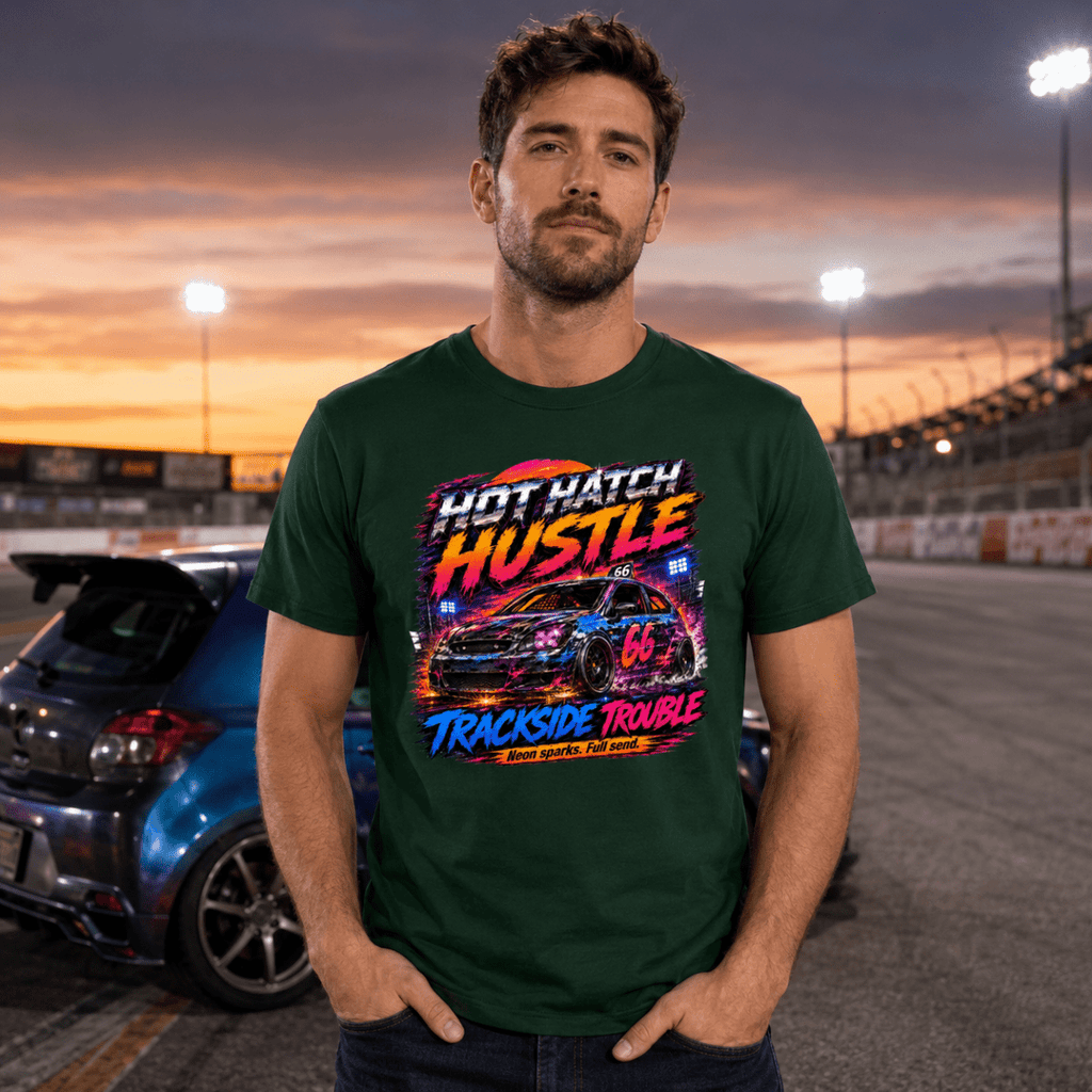 Model wearing Camberline Forest Green t-shirt showing Hot Hatch Hustle Trackside Trouble British oval racing front graphic