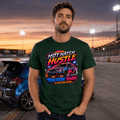 Model wearing Camberline Forest Green t-shirt showing Hot Hatch Hustle Trackside Trouble British oval racing front graphic