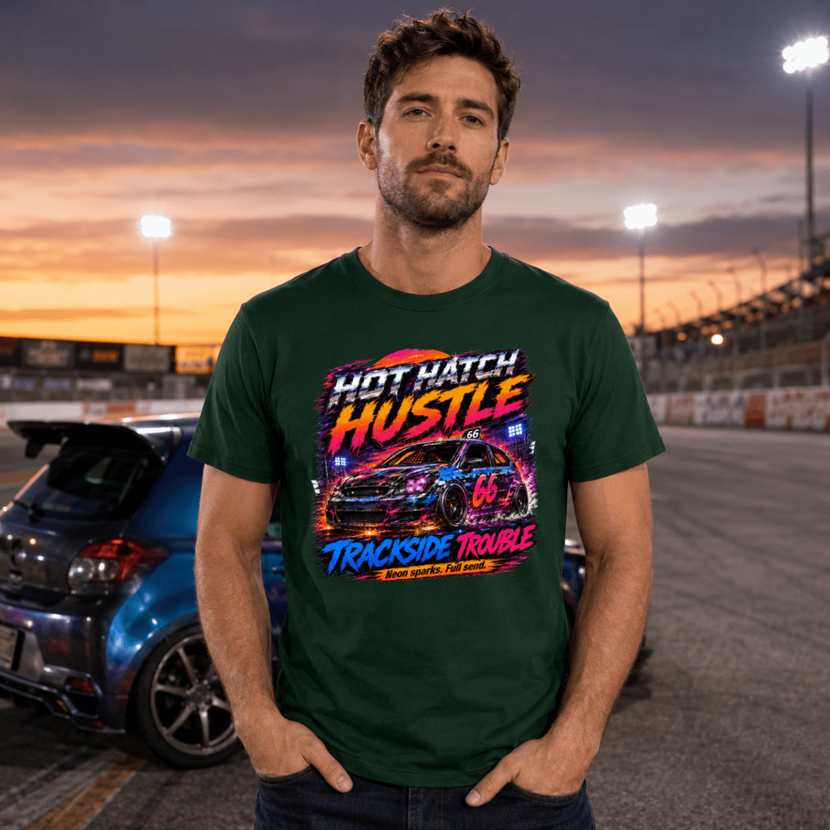 Model wearing Camberline Forest Green t-shirt showing Hot Hatch Hustle Trackside Trouble British oval racing front graphic