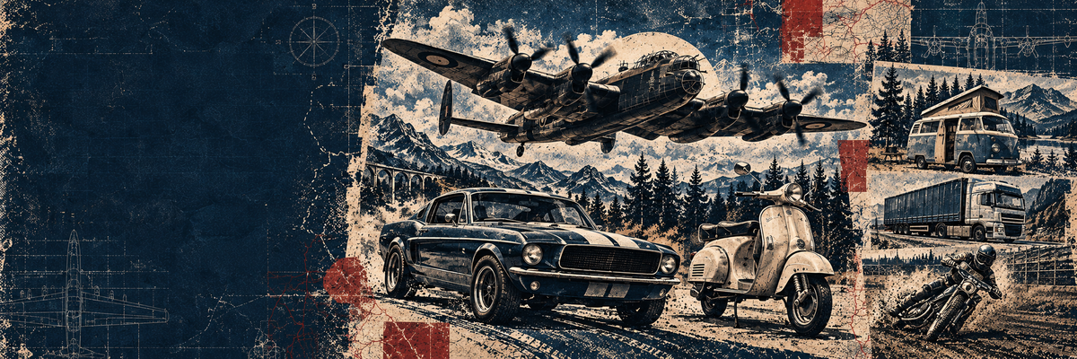 A vintage-style collage poster featuring a black classic car, a cream scooter, a vintage airplane, a motorcycle, a truck, and a mountain landscape, overlaid with distressed blueprint graphics and red paint splatters.