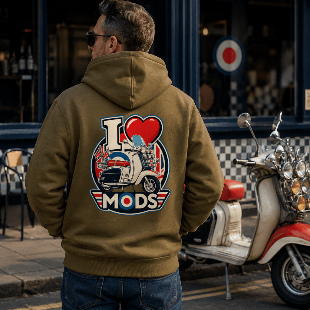 I Love Mods Union Jack Scooter hoodie olive — Camberline