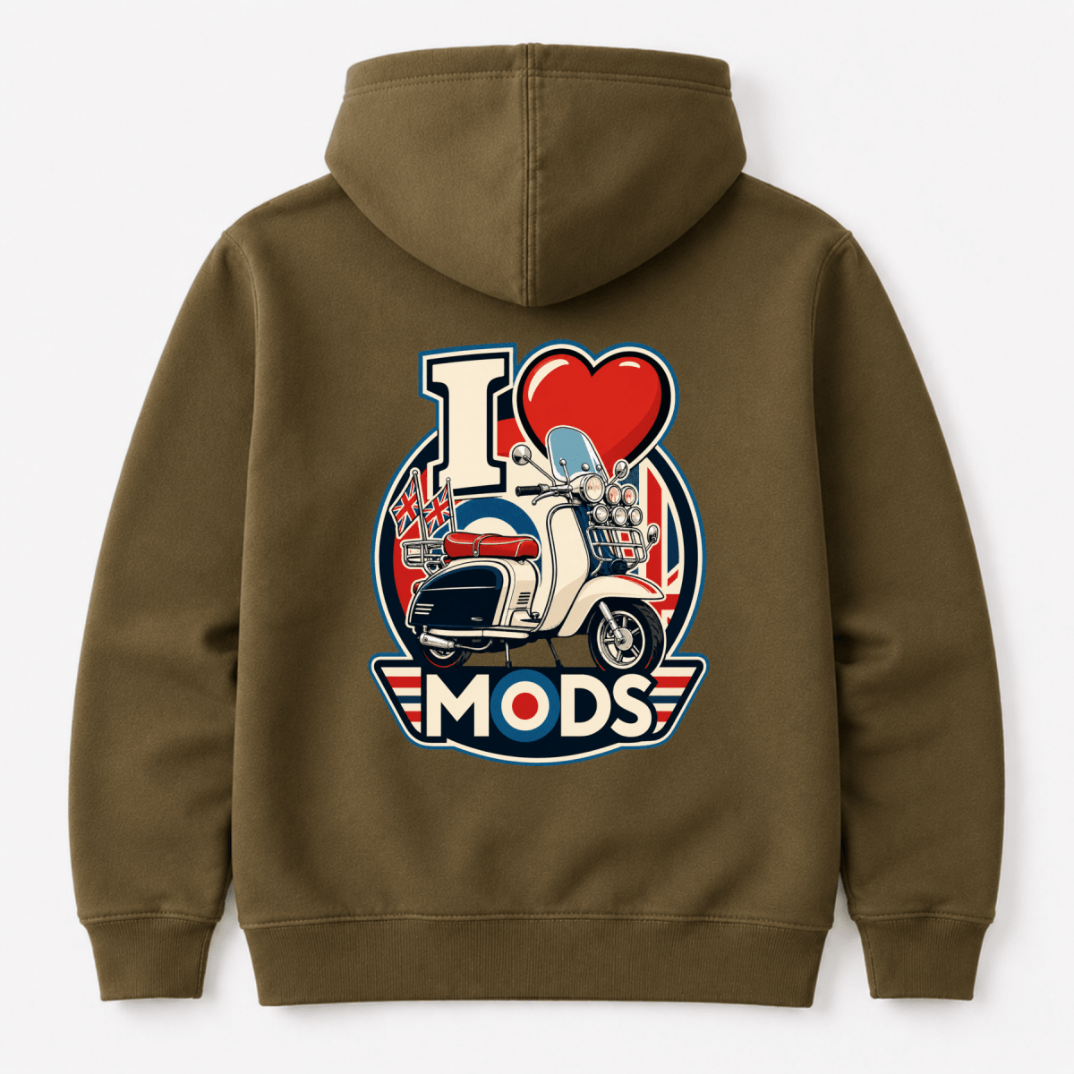 I Love Mods Union Jack Scooter hoodie olive — Camberline
