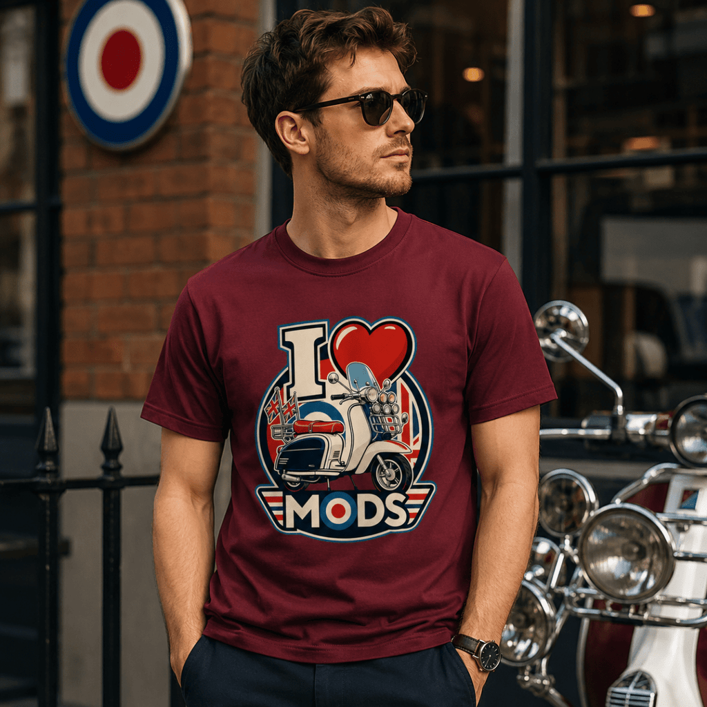 I Love Mods Union Jack Scooter t-shirt burgundy — Camberline