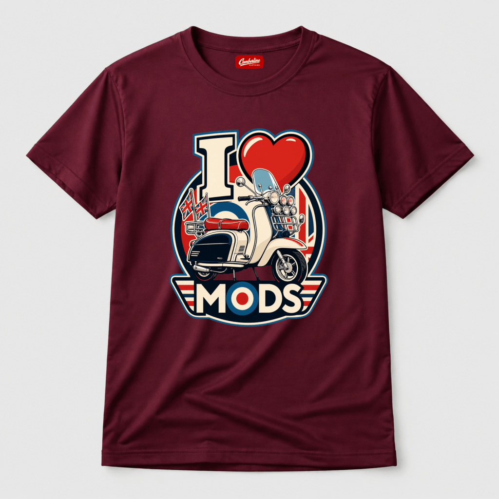 I Love Mods Union Jack Scooter t-shirt burgundy — Camberline