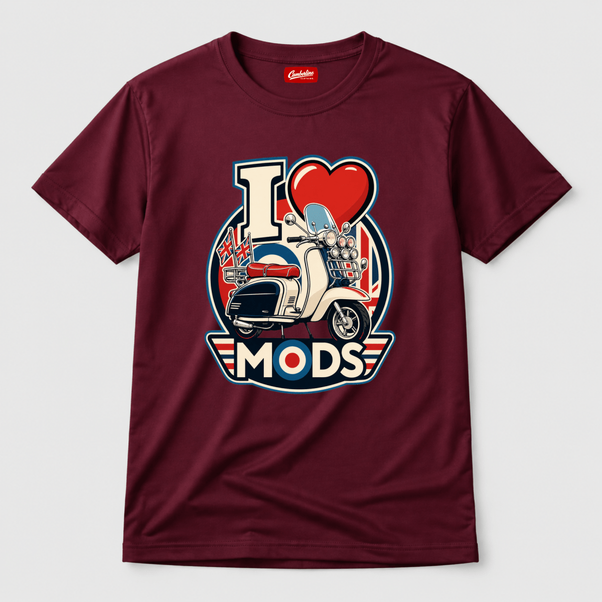 I Love Mods Union Jack Scooter t-shirt burgundy — Camberline