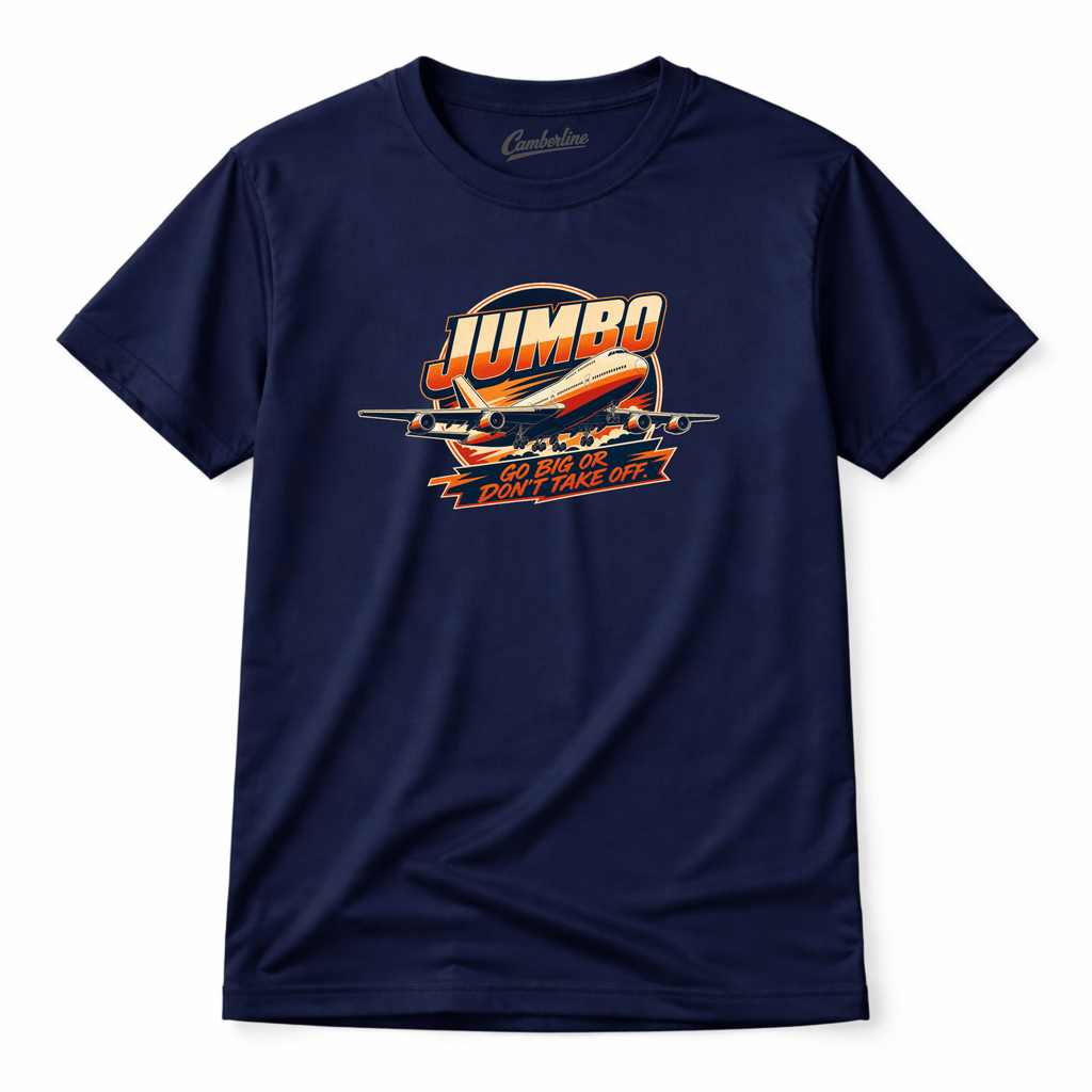 Navy blue t-shirt with a colorful graphic design on a white background