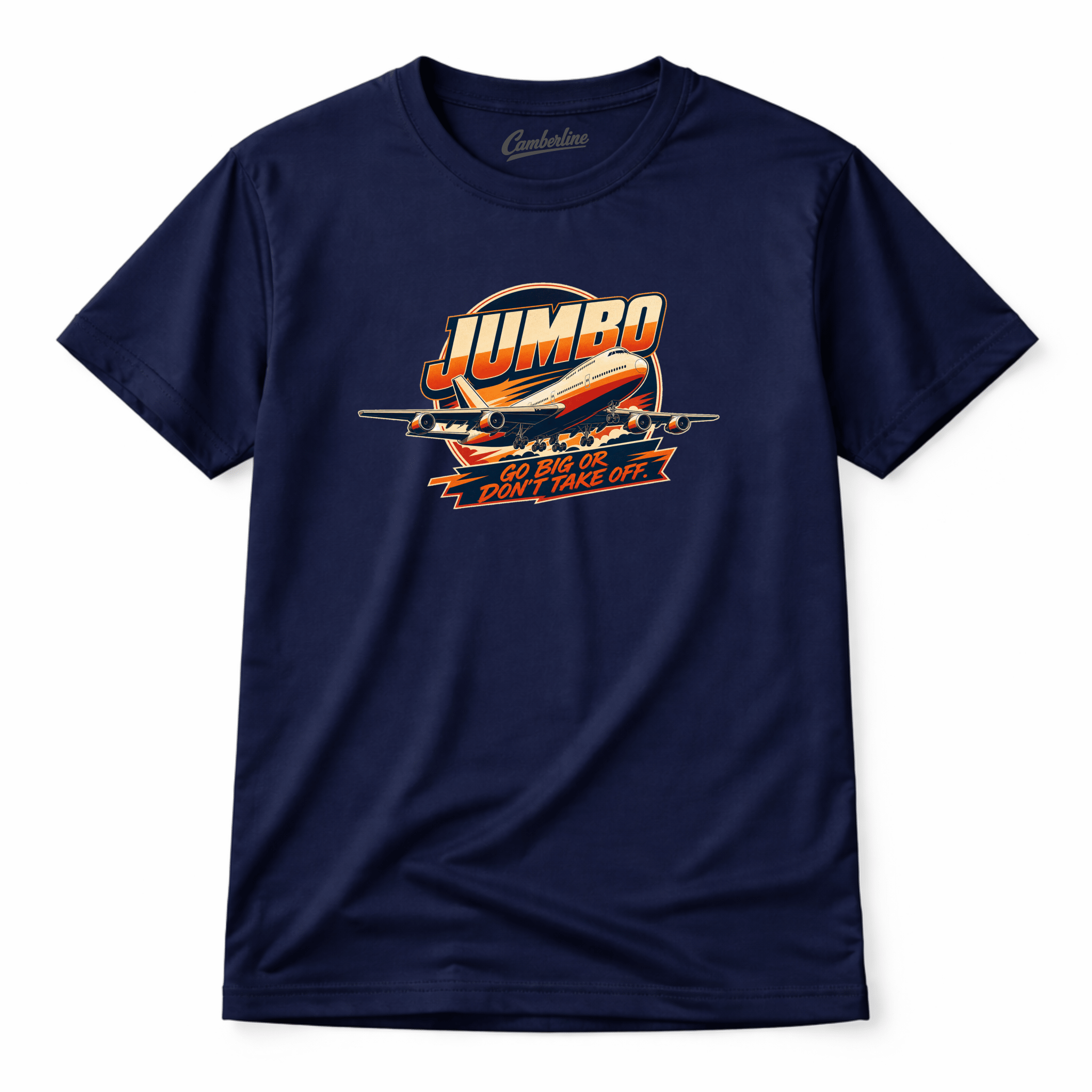 Navy blue t-shirt with a colorful graphic design on a white background