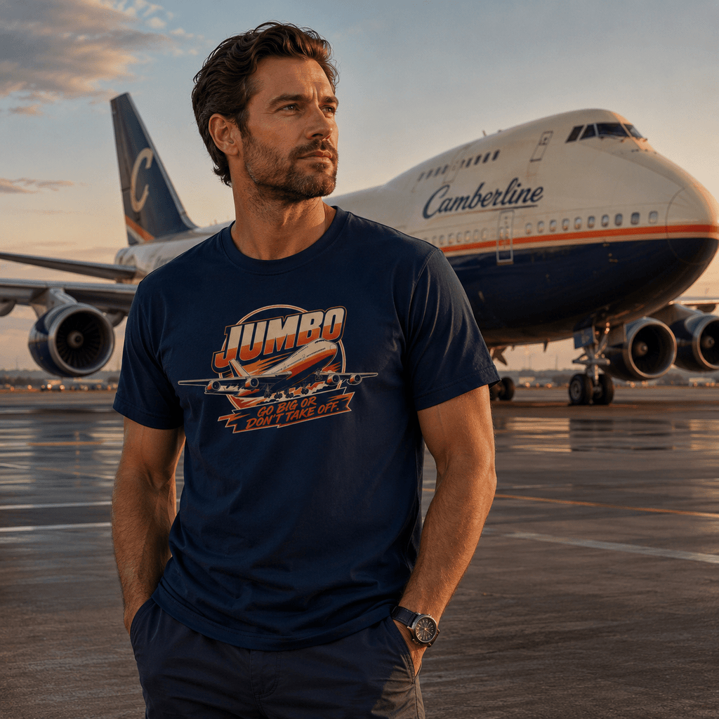 Man wearing a navy blue t-shirt with 'Jumbo' graphic in front of an airplane.