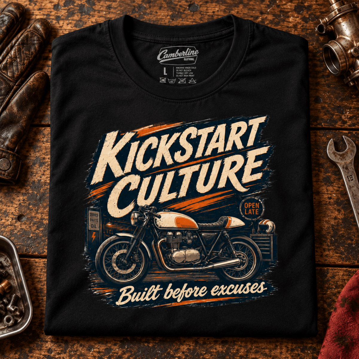 Camberline Kickstart Culture café racer black motorcycle T-shirt front print on a vintage workshop bench