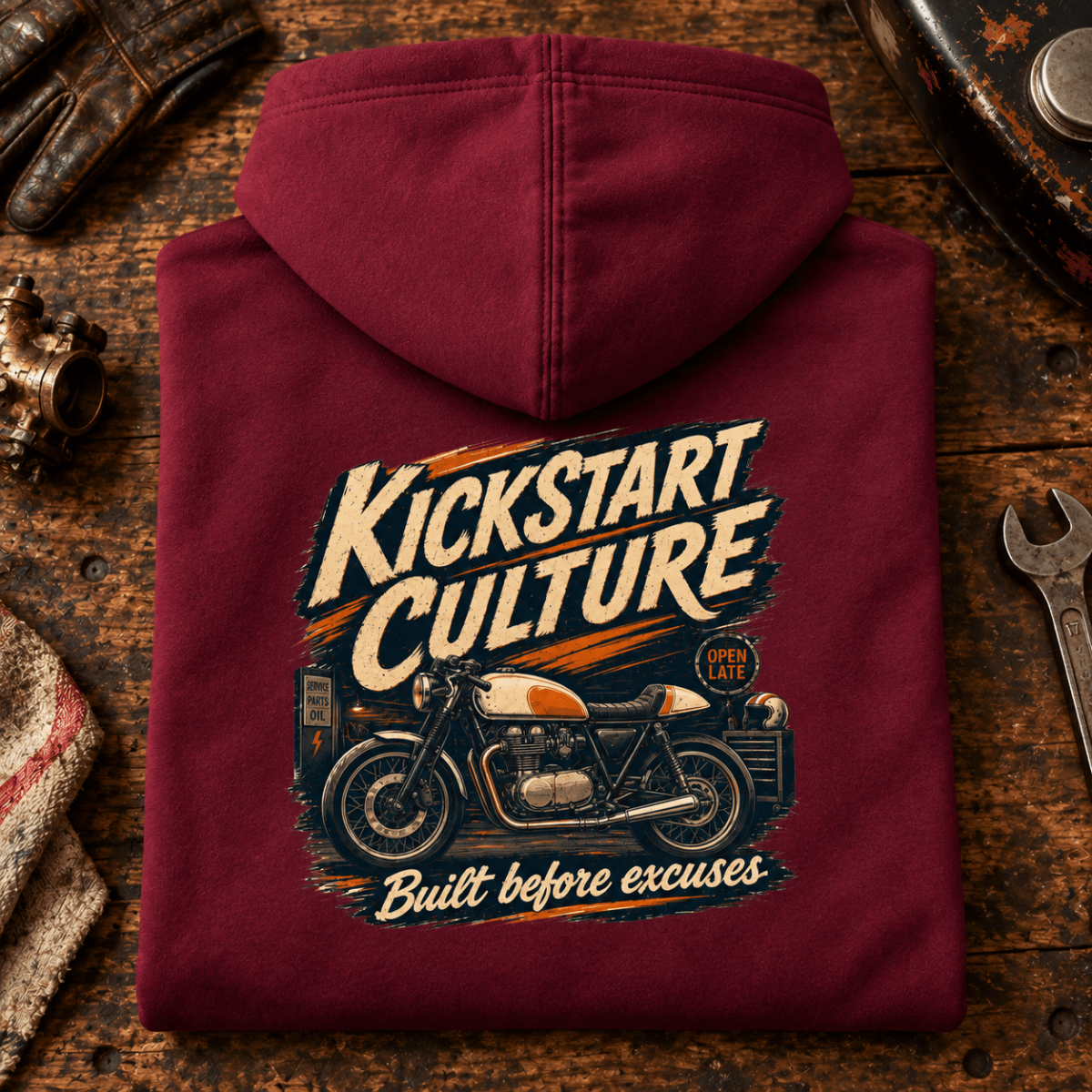 Camberline Kickstart Culture café racer burgundy hoodie back print on a vintage motorcycle workshop bench