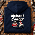 Camberline Kickstart Culture classic scooter navy hoodie back print in a British mod repair-bay setting