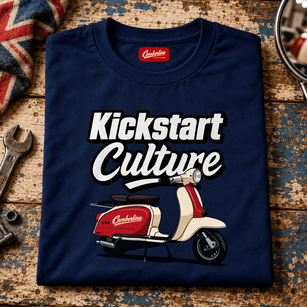 Camberline Kickstart Culture classic scooter navy T-shirt front print in a British mod repair-bay setting