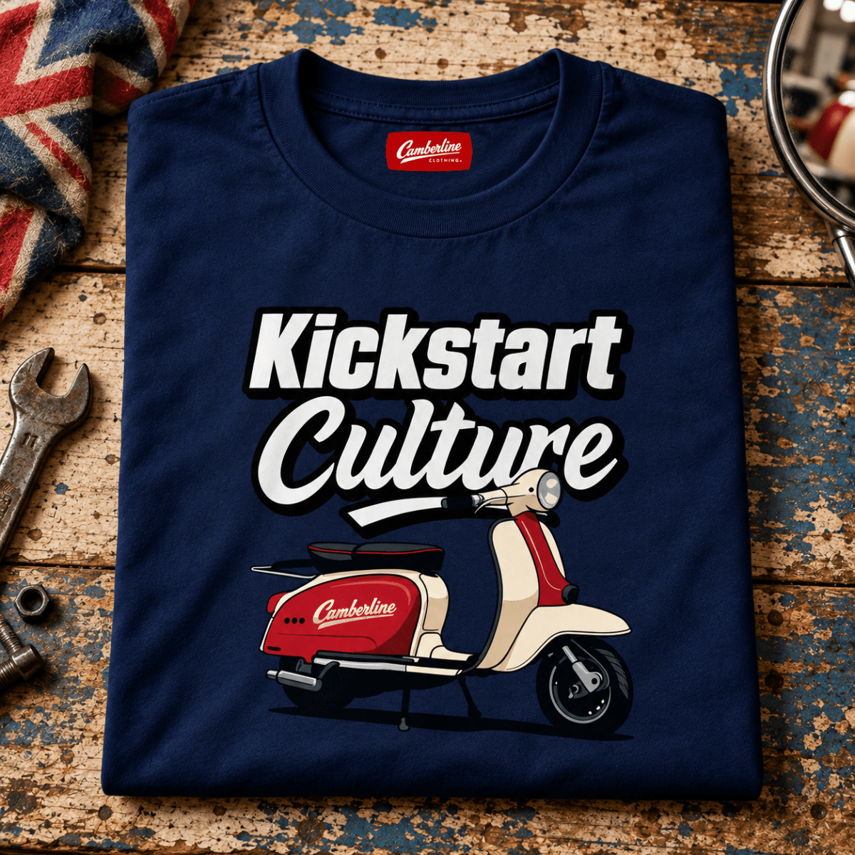 Camberline Kickstart Culture classic scooter navy T-shirt front print in a British mod repair-bay setting
