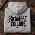 Camberline Kickstart Culture Gothic heather grey motorcycle hoodie back print on a vintage workshop bench