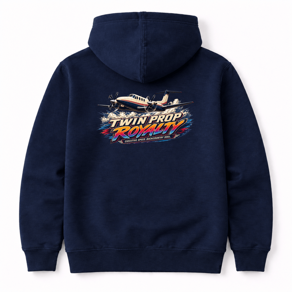 Navy blue hoodie with 'Twin Prop Royalty' graphic on the back against a white background
