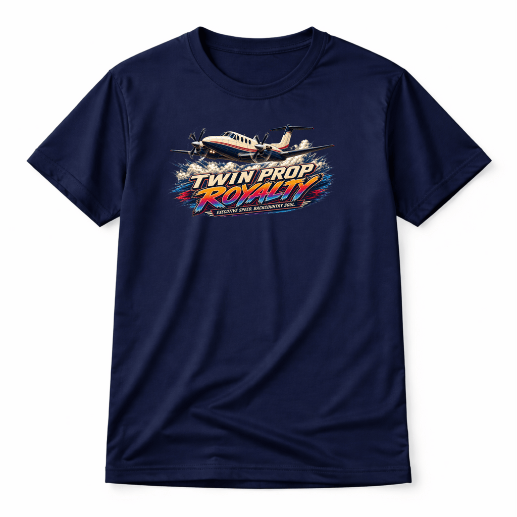 Navy blue t-shirt with twin-propeller airplane graphic and 'Twin Prop Royalty' text on a white background
