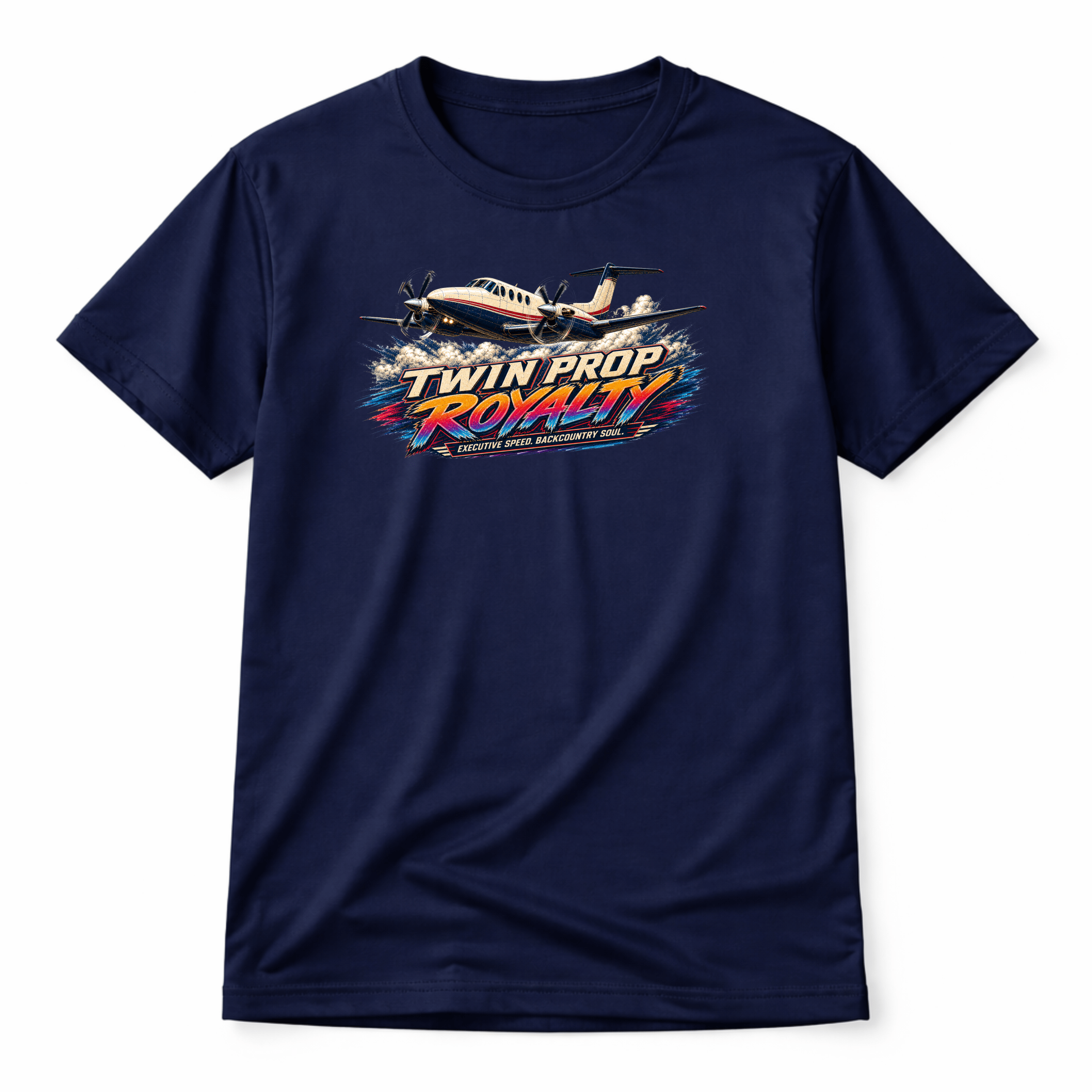 Navy blue t-shirt with twin-propeller airplane graphic and 'Twin Prop Royalty' text on a white background