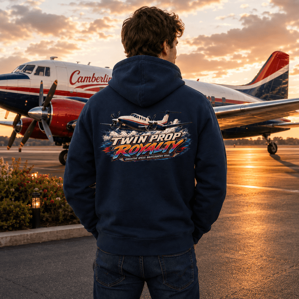 Person wearing a hoodie with 'Twin Prop Royalty' design, standing on an airport tarmac with an airplane in the background.