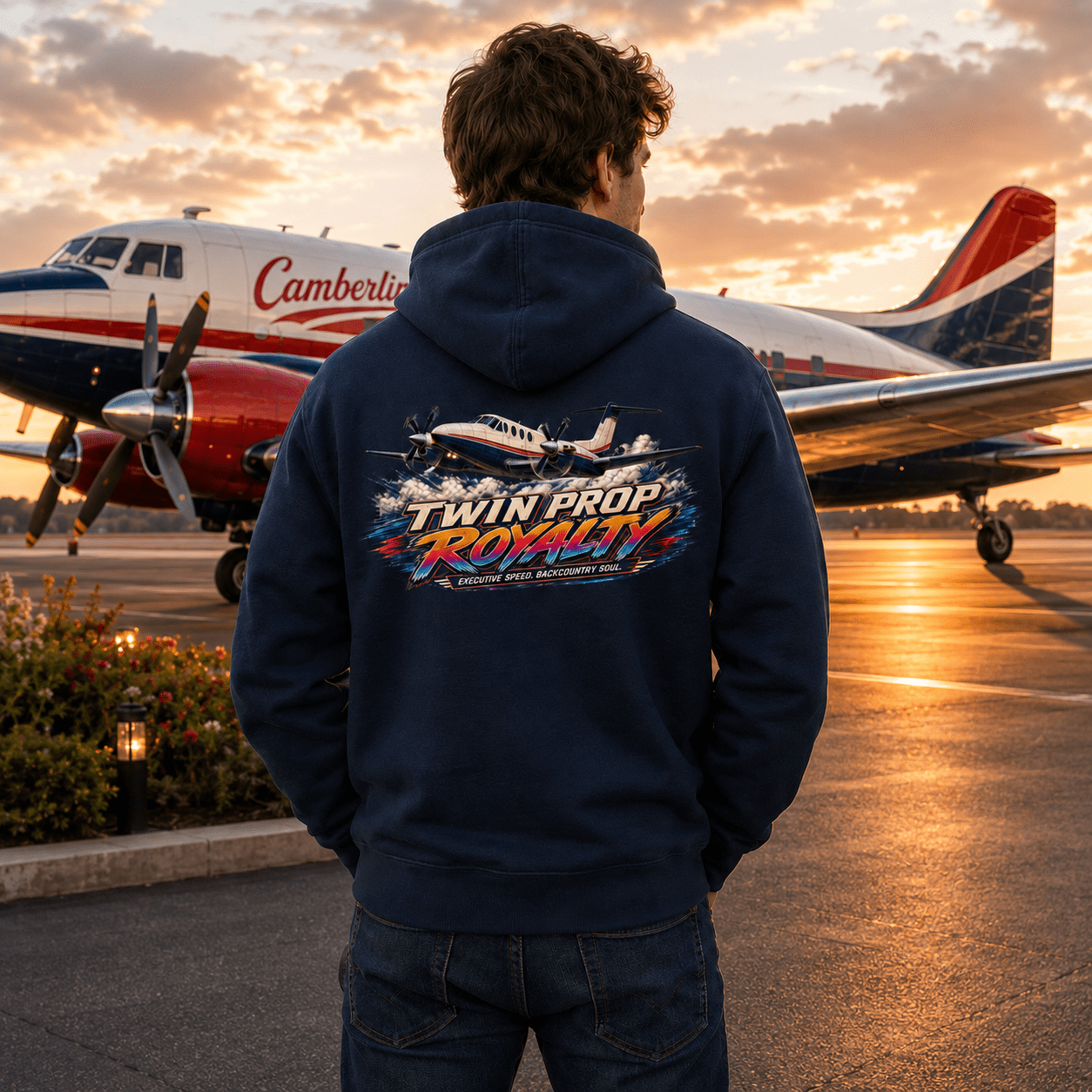 Person wearing a hoodie with 'Twin Prop Royalty' design, standing on an airport tarmac with an airplane in the background.