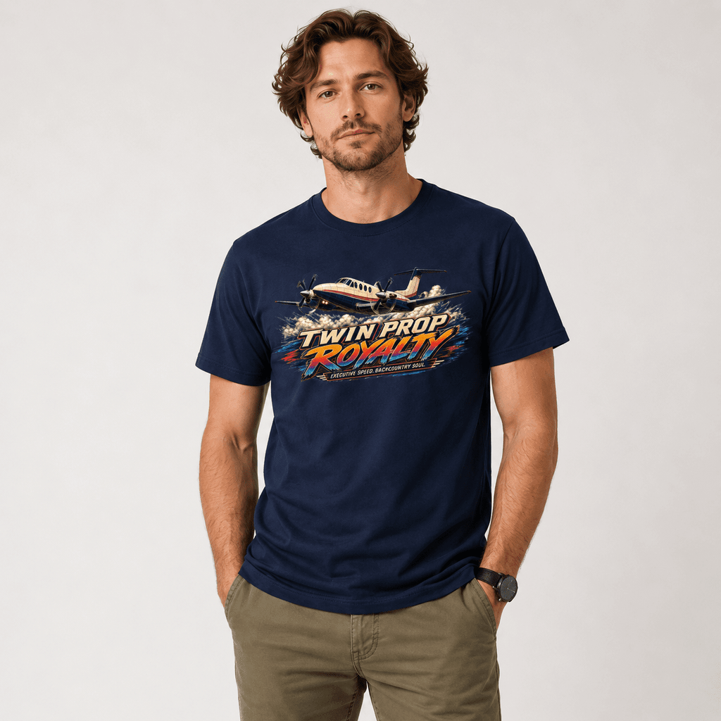Male wearing Navy blue t-shirt with twin-propeller airplane graphic and 'Twin Prop Royalty' text on a white background