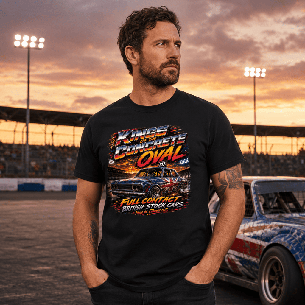 Model wearing Camberline Black t-shirt showing Kings of the Concrete Oval British oval racing front graphic
