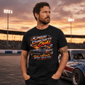 Model wearing Camberline Black t-shirt showing Kings of the Concrete Oval British oval racing front graphic