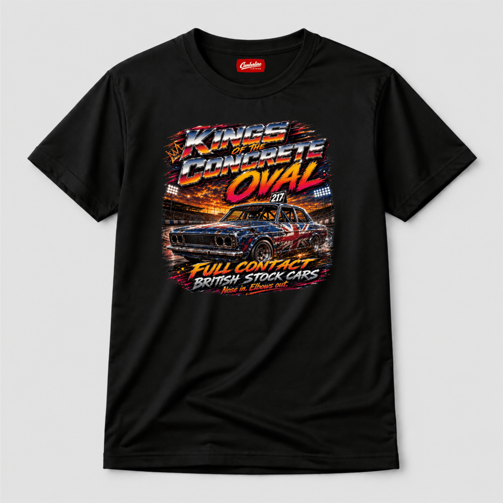 Camberline Kings of the Concrete Oval Black t-shirt, front graphic for British oval racing fans