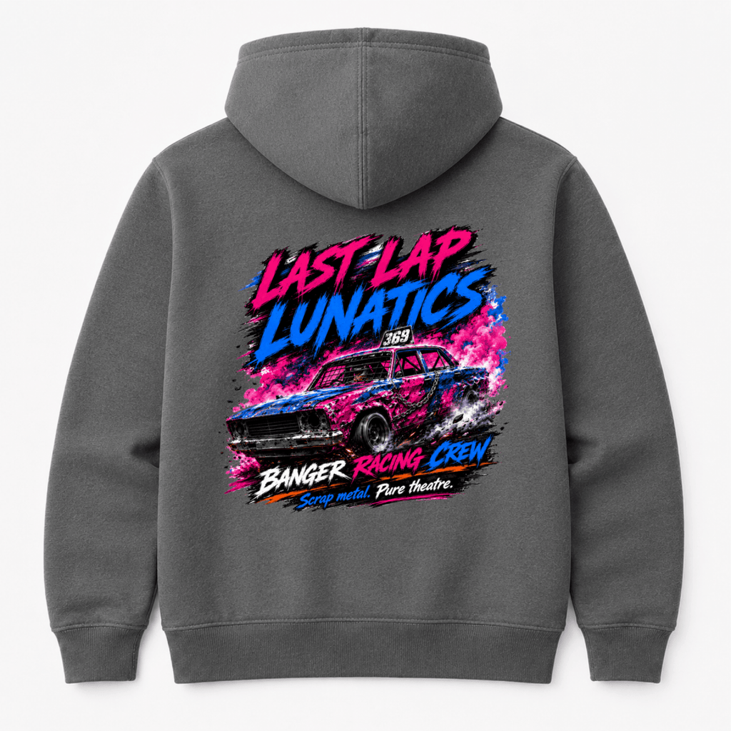 Camberline Kings of the Concrete Oval Charcoal Grey hoodie, back graphic for British oval racing fans