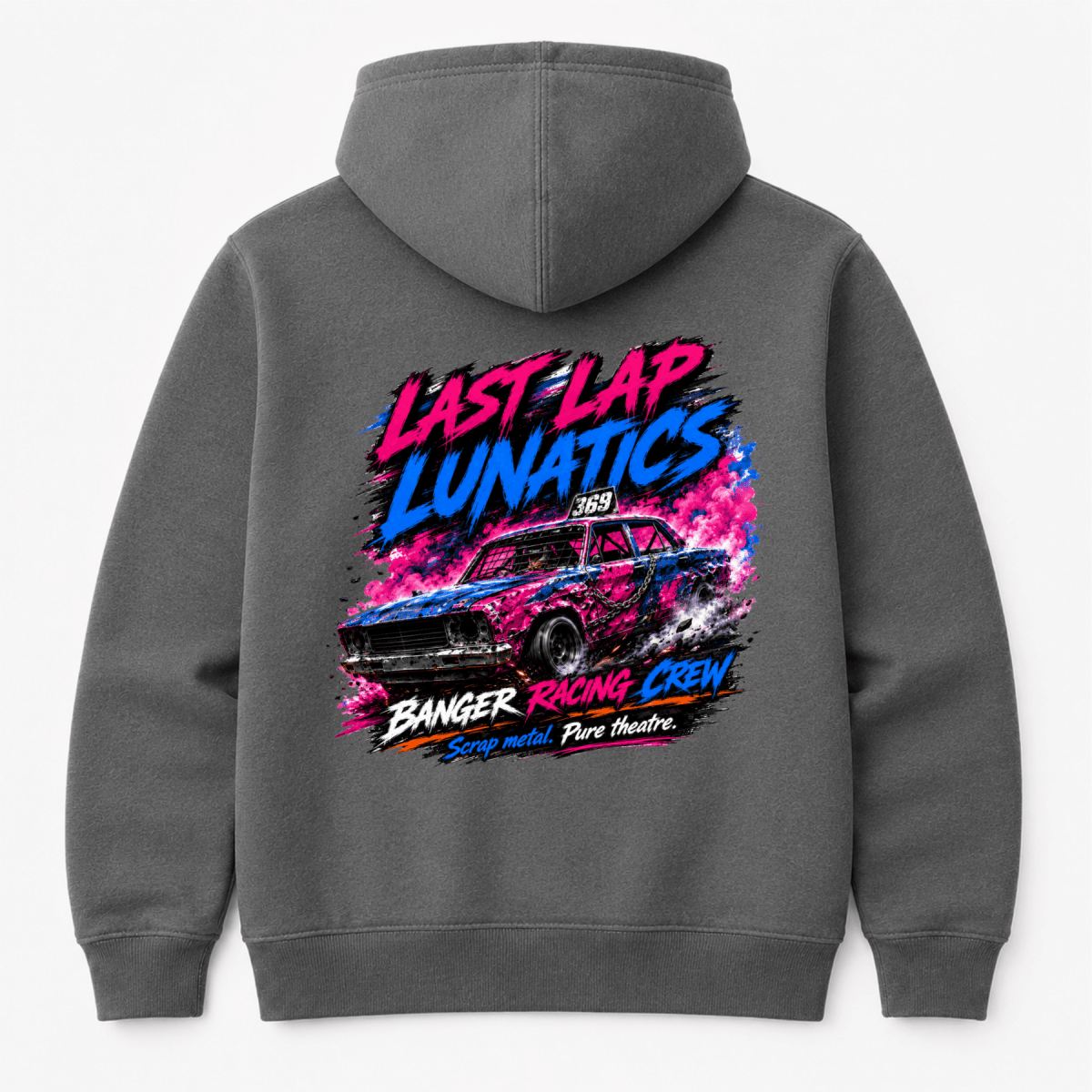 Camberline Kings of the Concrete Oval Charcoal Grey hoodie, back graphic for British oval racing fans
