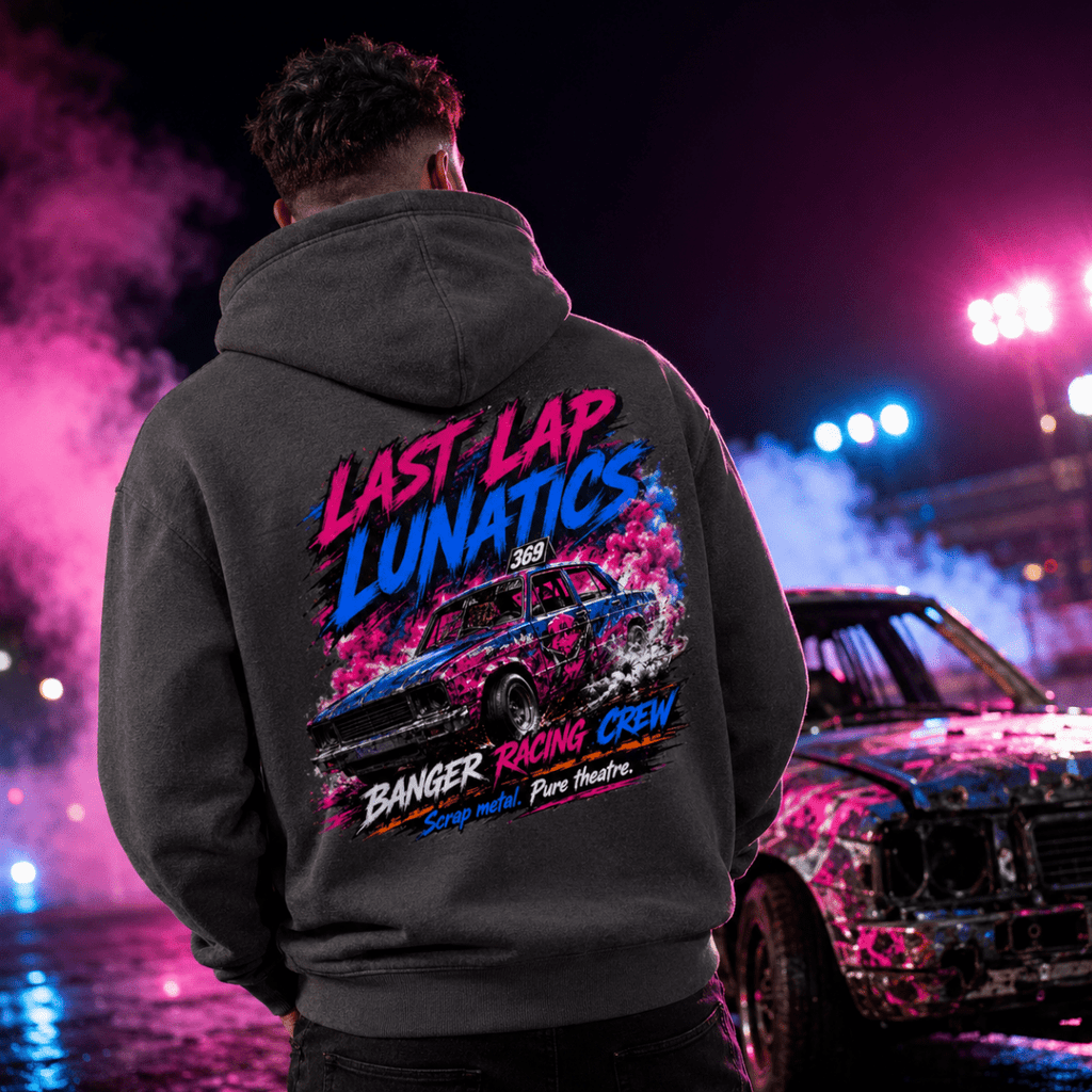 Model wearing Camberline Charcoal Grey hoodie showing Kings of the Concrete Oval British oval racing back graphic